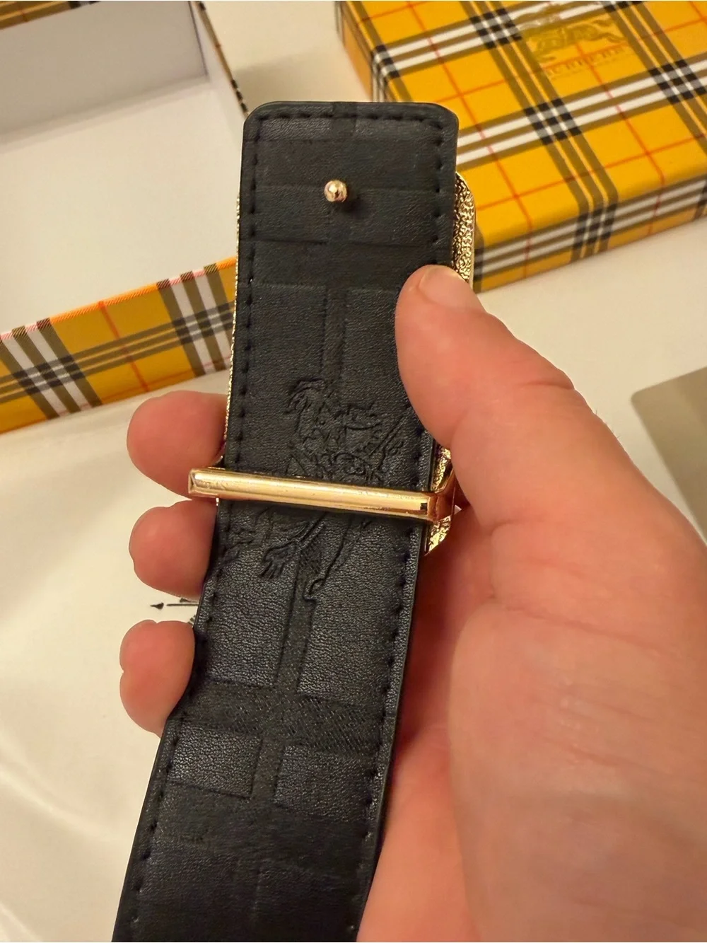 Burberry Reversible Belt – House Check / Black – Gold B Buckle
